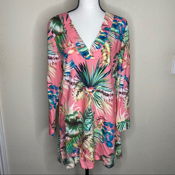 NEW La Blanca Tropical Rain V-Neck Coverup Tunic - Picture 2 of 7